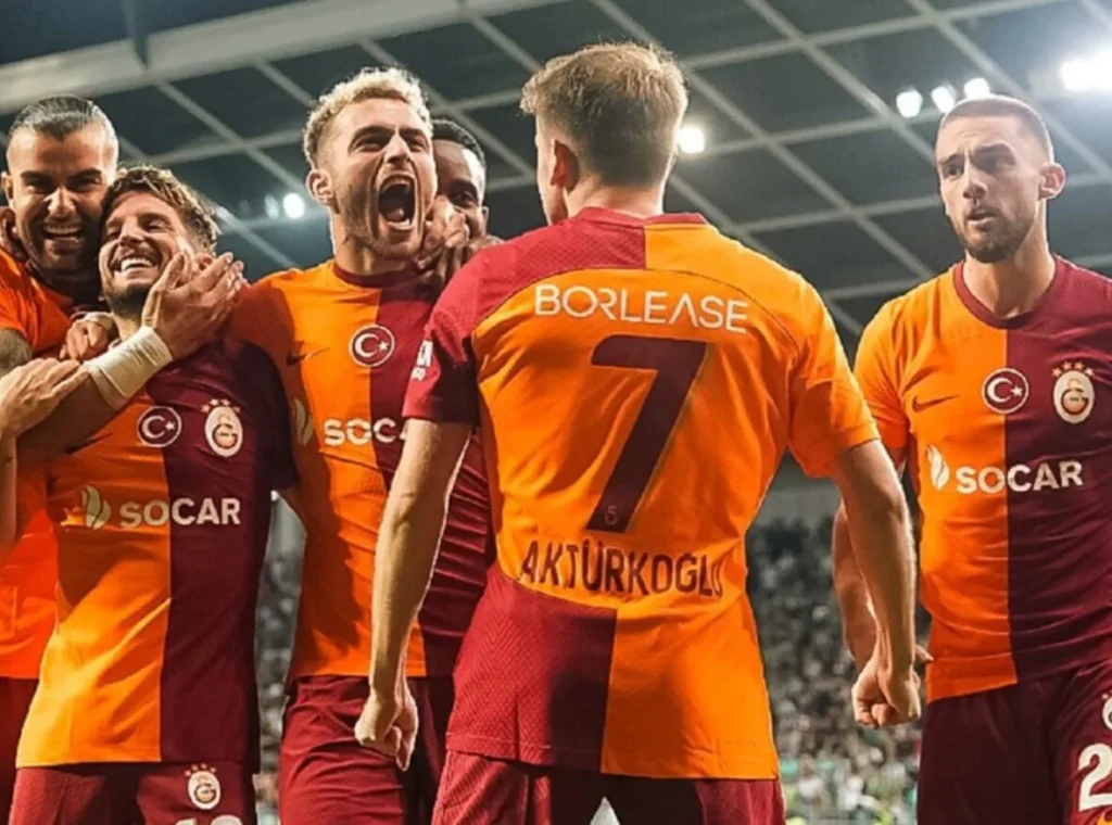 Emotional moment: Galatasaray players celebrate their goal.