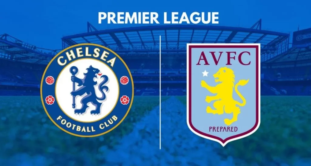 Chelsea and Aston Villa team logos side by side for upcoming match.