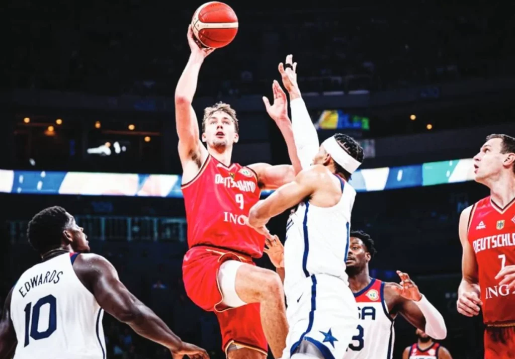 Germany's star player taking a jump shot during FIBA World Cup.
