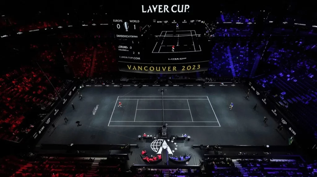 Tennis players competing in Laver Cup match.