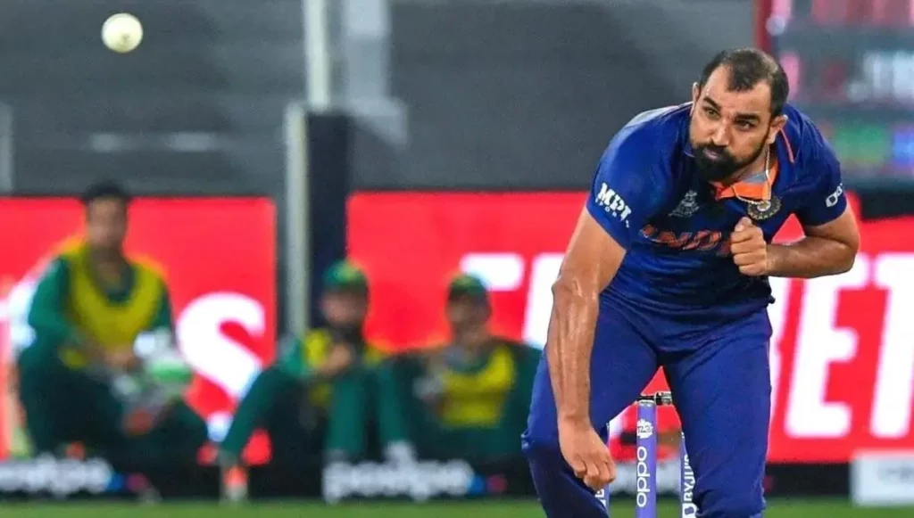 Mohammed Shami's bowling stride captured in motion.