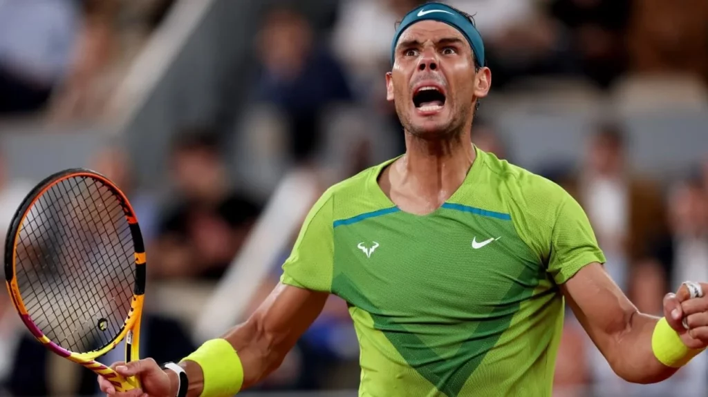 Victory in action: Rafael Nadal's ecstatic expression post-win.