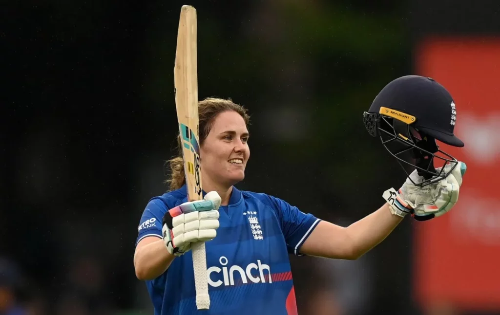Close-up of Sciver-Brunt in her cricket gear.