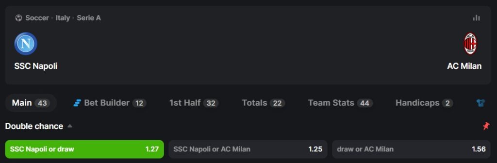Example of Double Chance Bet on Napoli or draw in Match: Napoli vs. Milan