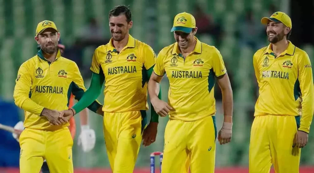 Australian players celebrating a wicket in T20 match.