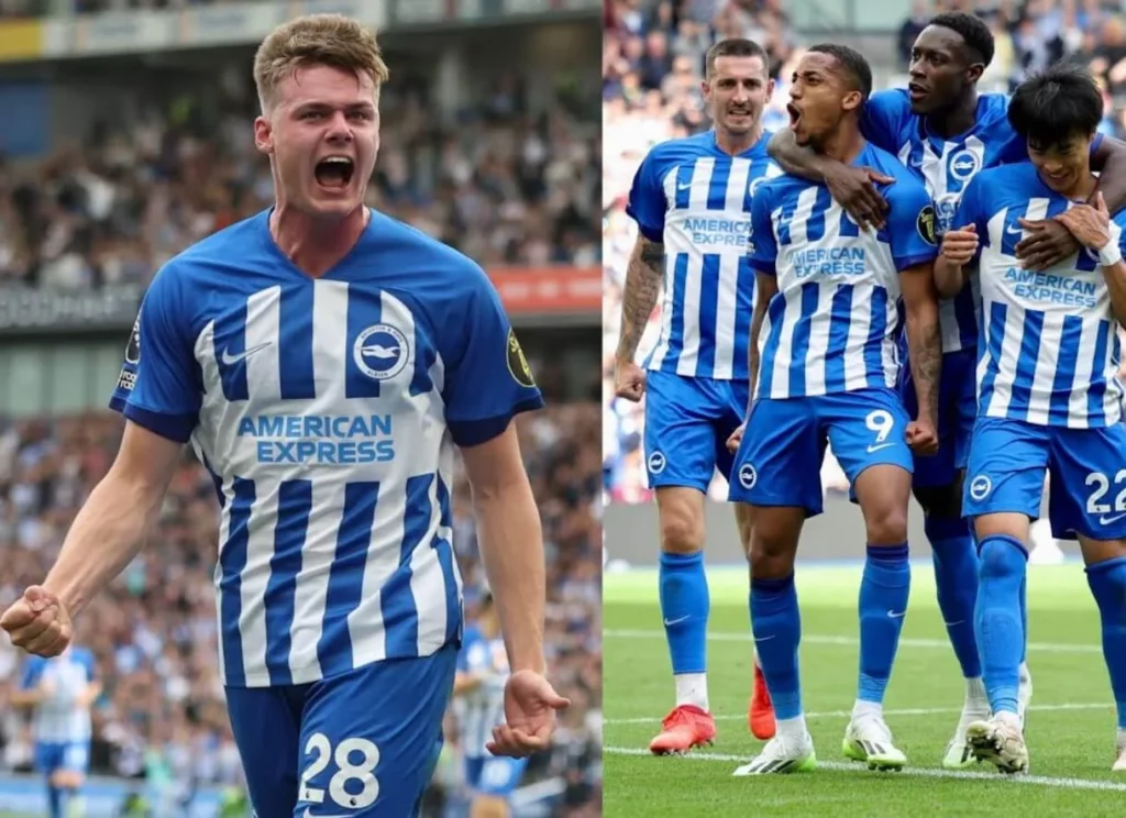 Jubilant Brighton squad after a match-winning moment.