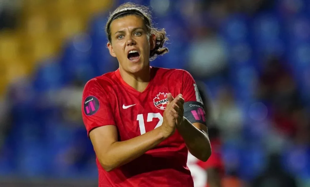 Close-up of Christine Sinclair focused on the game.