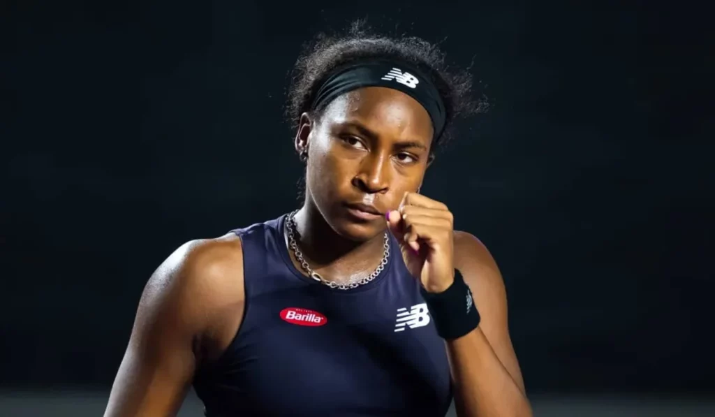 Close-up of Coco Gauff, showing determination on the court.