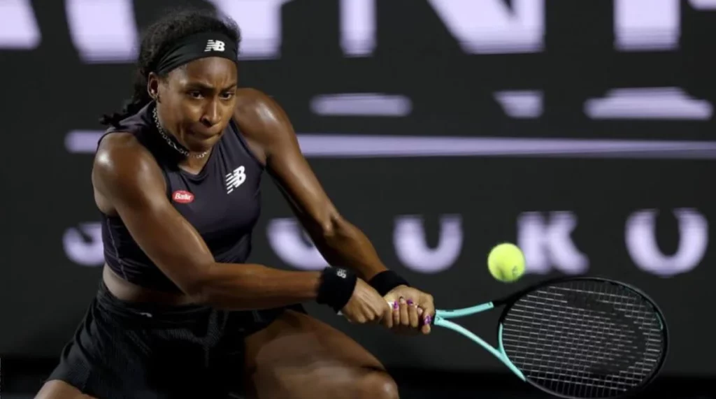 Coco Gauff's intense concentration during a rally.