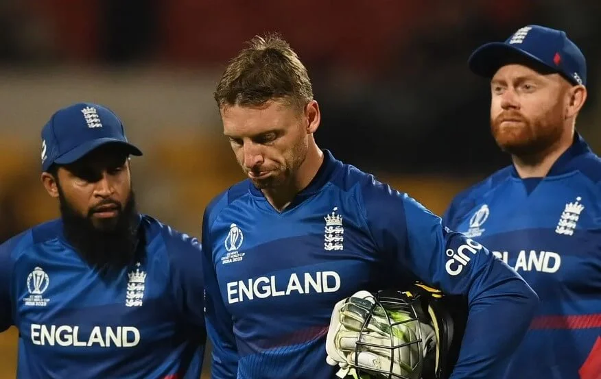 Dejected England cricketers post-match.