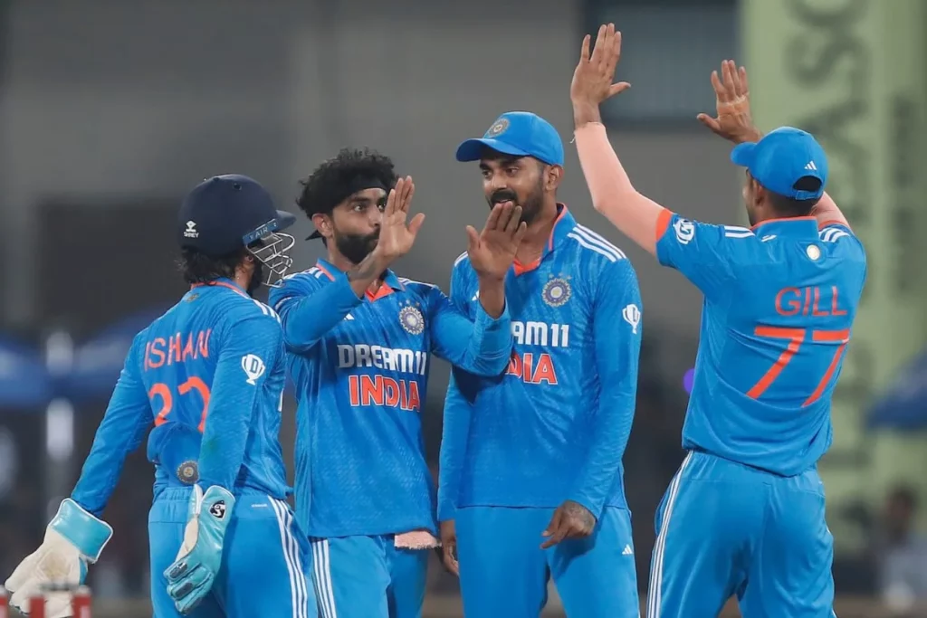 Indian cricket team players celebrating a victory.