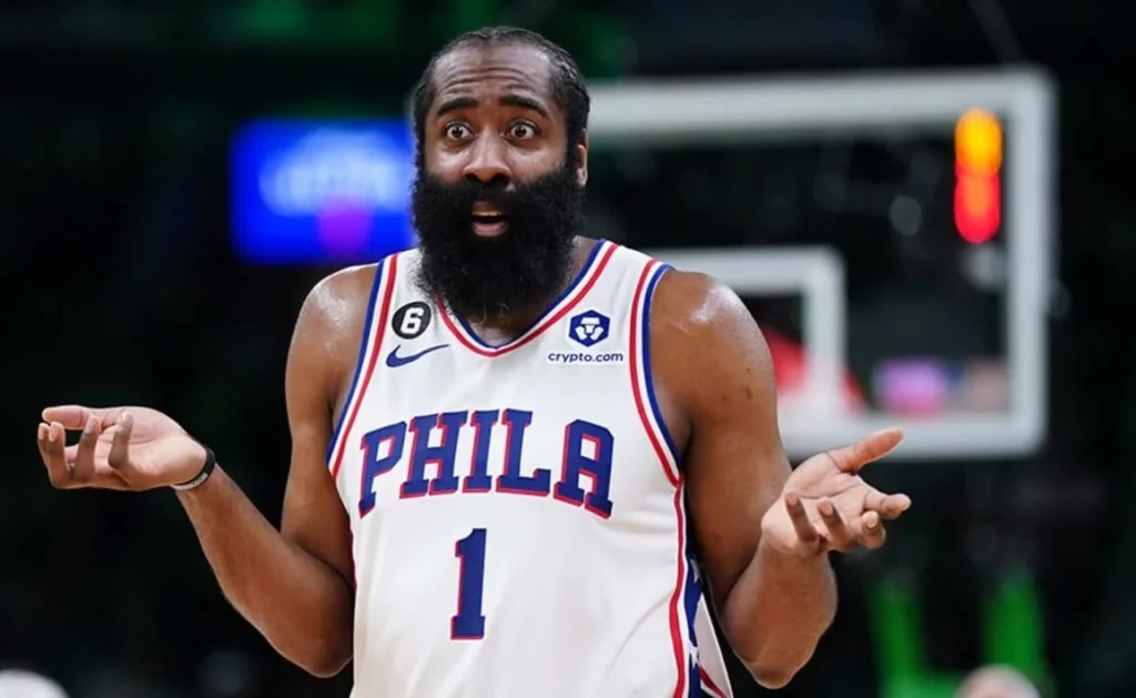 James Harden with a puzzled expression during a basketball game.