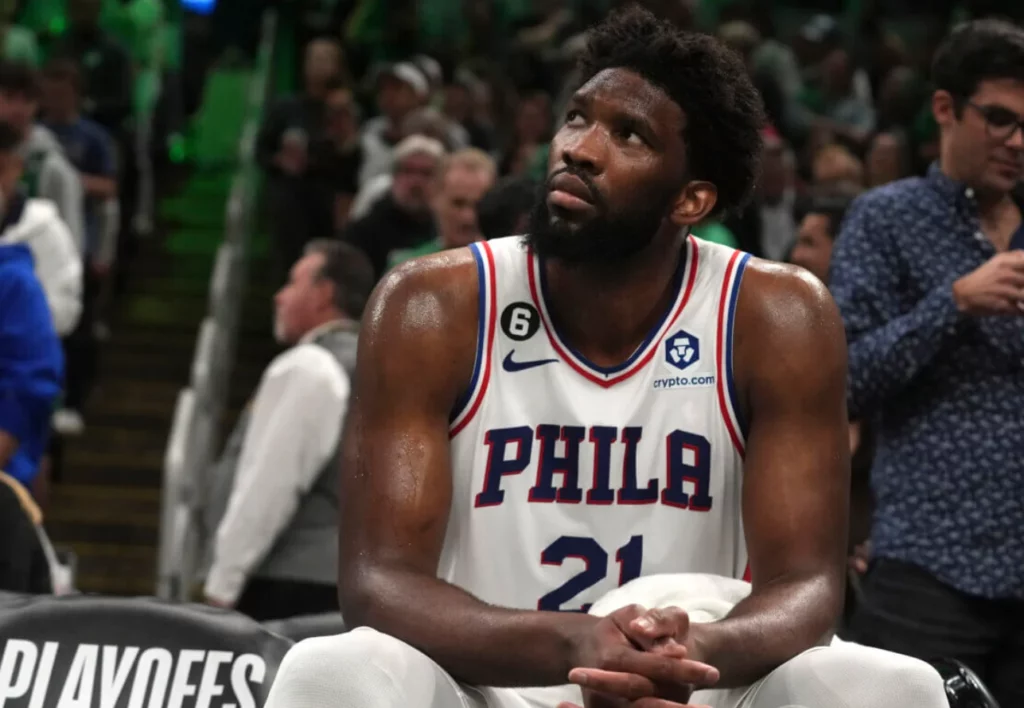 Embiid in his Philadelphia 76ers jersey, ready for the match.