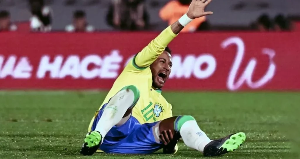 A concerned moment for fans as Neymar lies injured on the field.