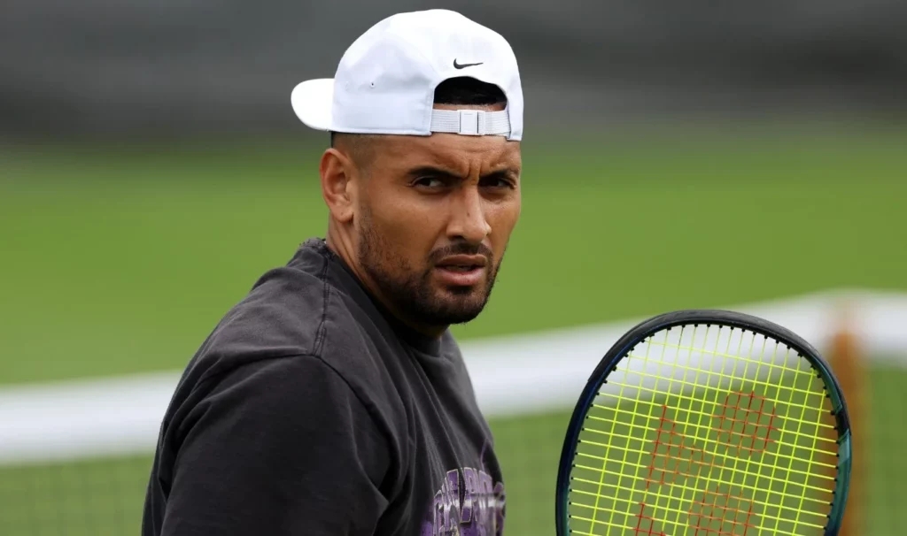 A focused Nick Kyrgios during a match pause.