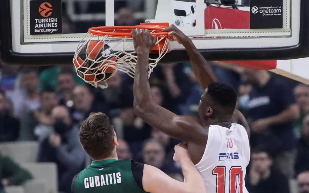 Powerful slam dunk by Olympiacos's standout player.