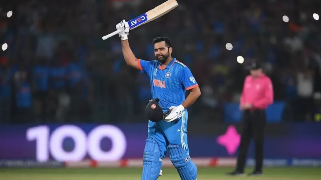 Rohit Sharma celebrating his century during World Cup 2023.