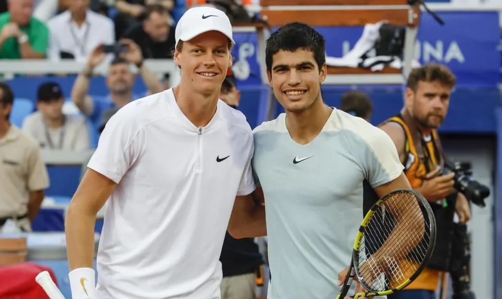 Tennis stars Sinner and Alcaraz face off on the Beijing court.