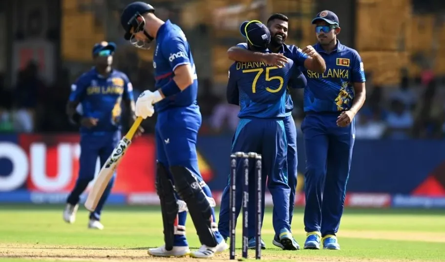 Sri Lankan players jubilantly celebrating their victory.