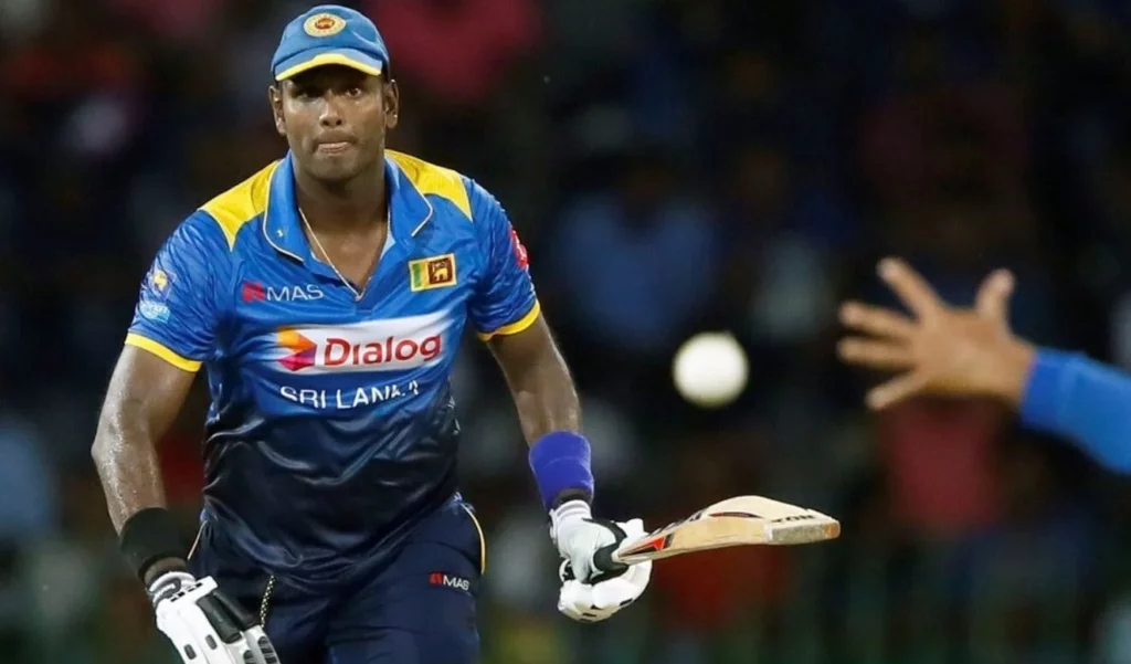 Sri Lankan cricketer Angelo Mathews in mid-action during a game.
