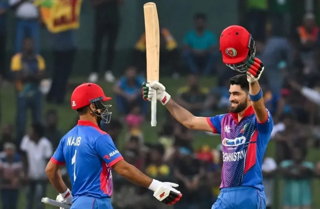 Ibrahim Zadran celebrating his century at the ICC Men's Cricket World Cup.