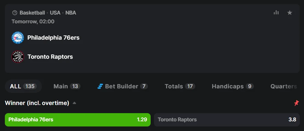 Example of Bet on Winner in NBA Match between Philadelphia 76ers and Toronto Raptors