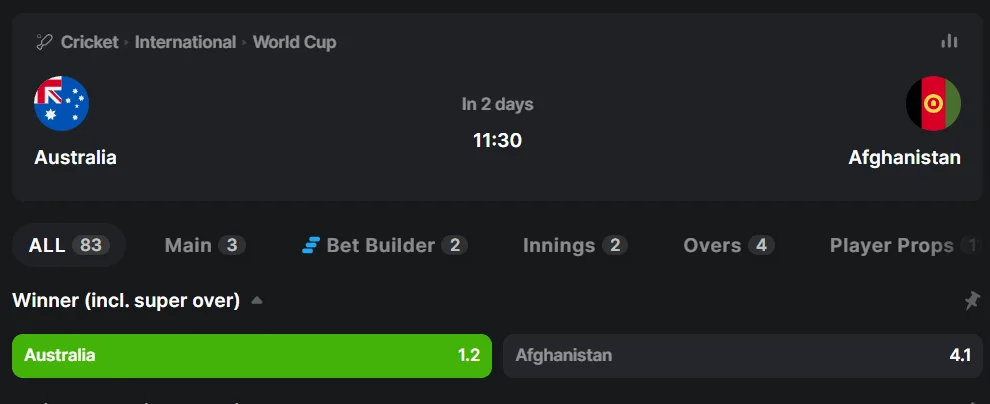 Example of low odds betting in Cricket