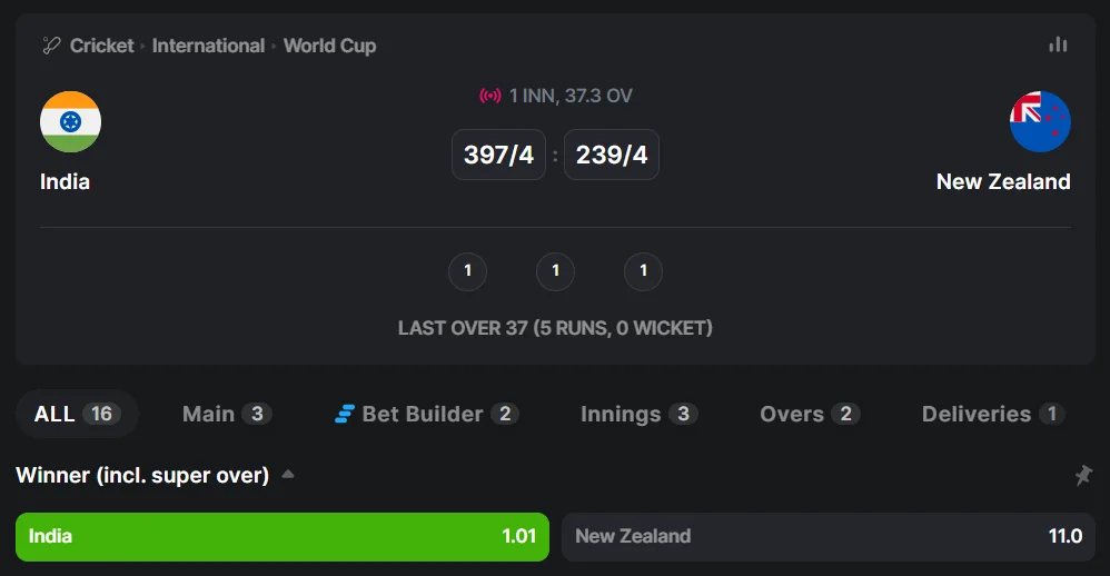 Example of live betting in Cricket