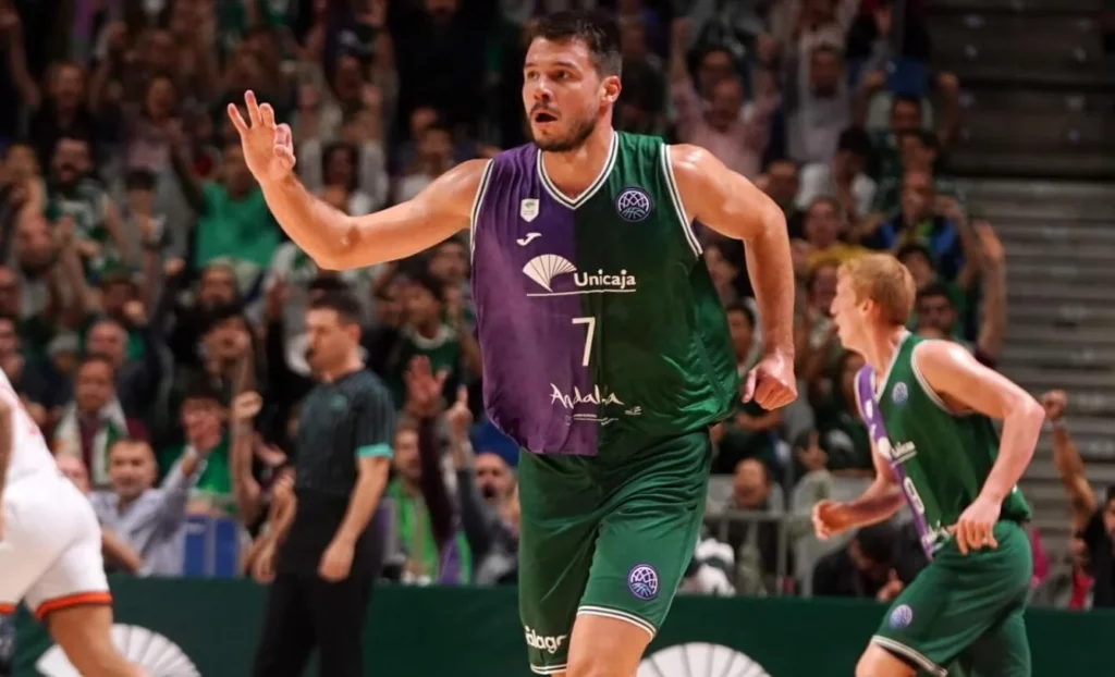 Player of Unicaja Basketball Team in action on the court.