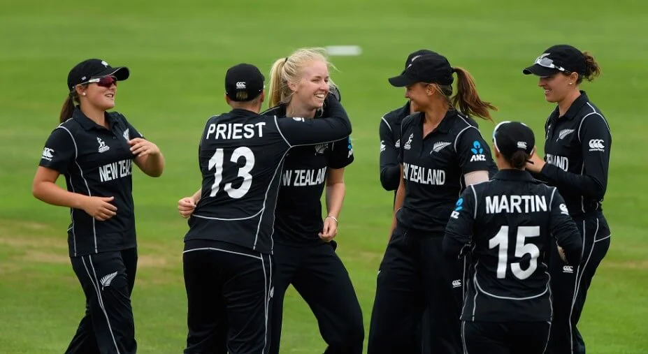 New Zealand Women's cricket team in action on the field.