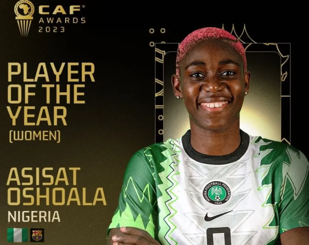 Official photo of Asisat Oshoala in Nigerian national team uniform.