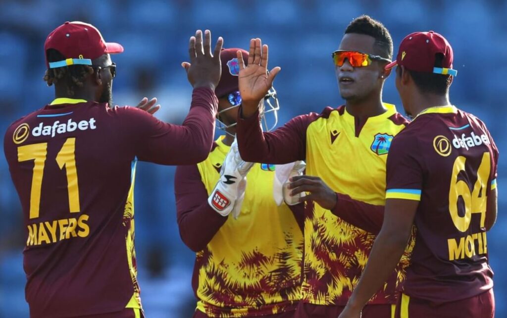 West Indies cricket team in action during a T20I match.