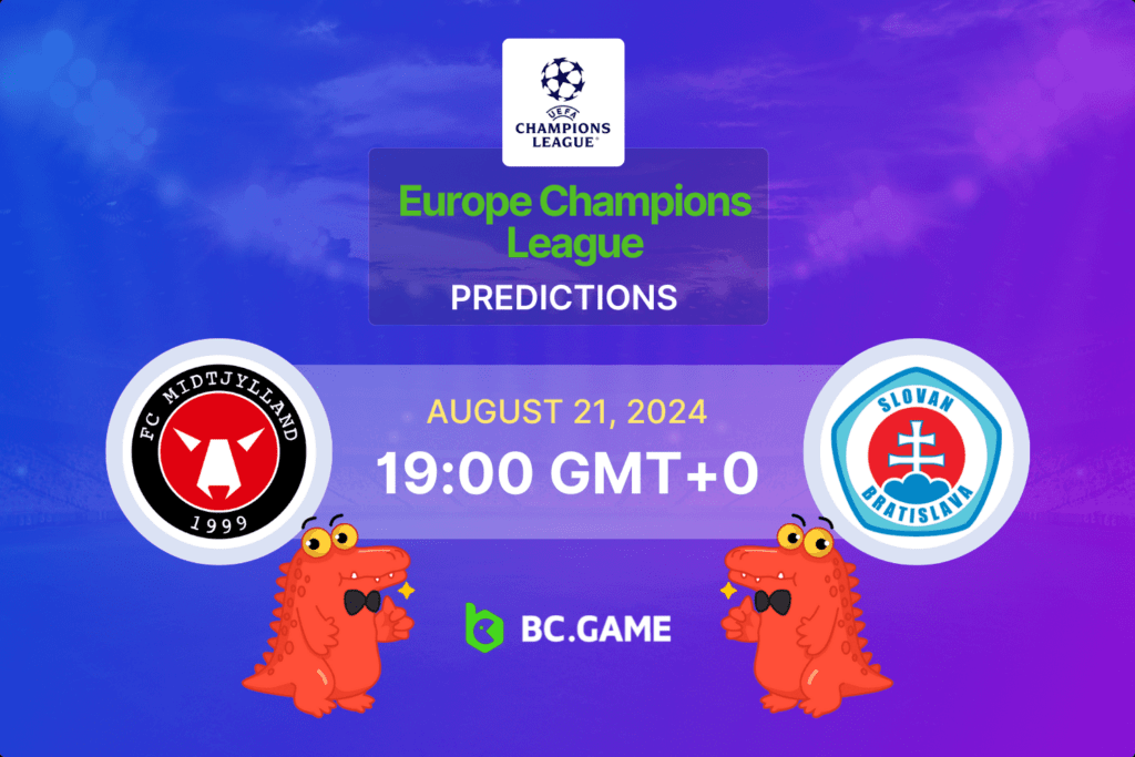 Match prediction for the Midtjylland vs Slovan Bratislava game at UEFA Champions League Playoff 2024.