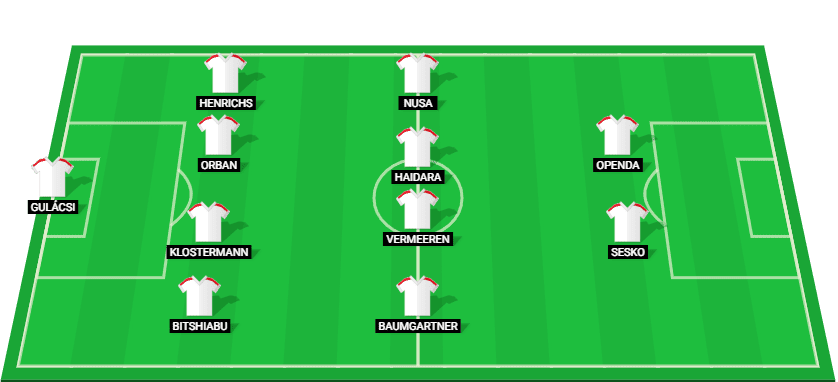 Predicted lineup for RB Leipzig squad against Borussia Monchengladbach in Bundesliga match.