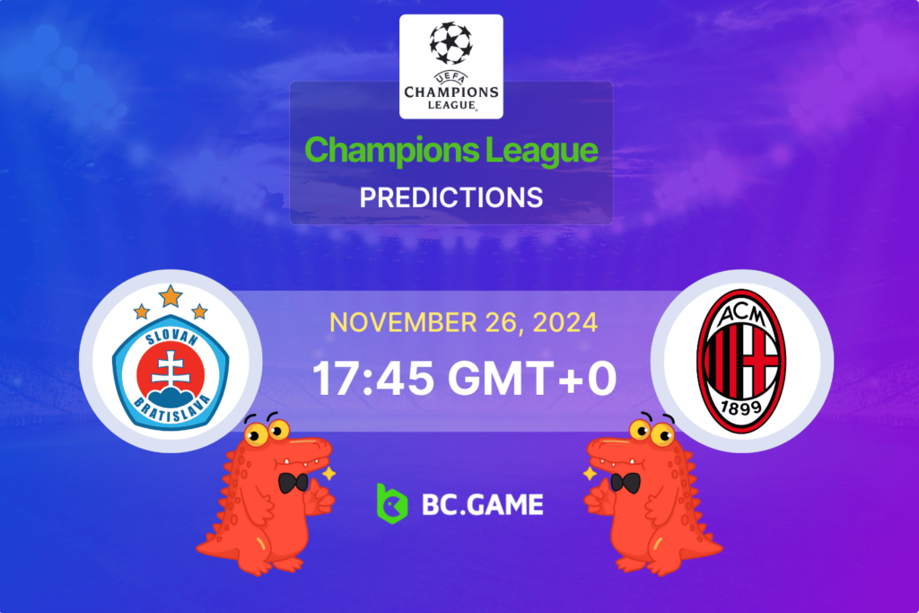 Match prediction for the Slovan Bratislava vs AC Milan game at UEFA Champions League 2024.