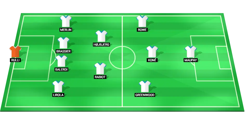 Olympique Marseille football starting lineup for the match against RC Lens, showcasing key players in their 4-2-3-1 formation.