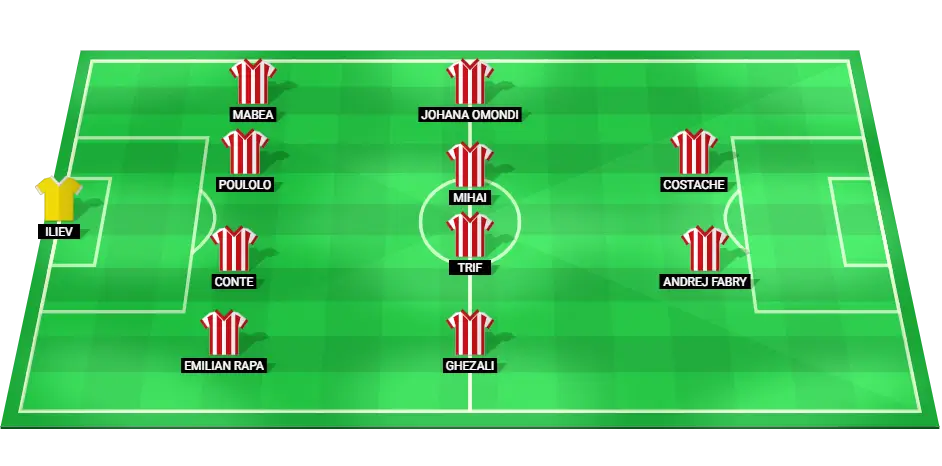 Projected starting eleven for UTA Arad in the clash against Farul Constanţa, focusing on key players such as Valentin Costache and Dejan Iliev.