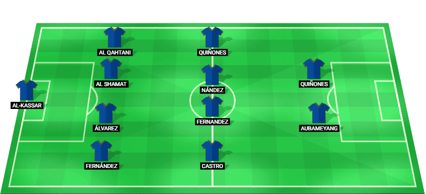 Starting lineup for Al Qadsiah in their match against Al Shabab in Saudi Pro League 2025.