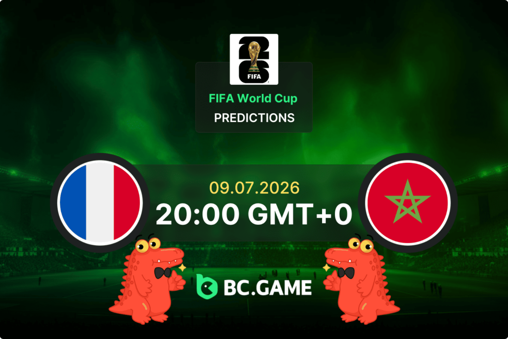 Graphic preview of the 2026 FIFA World Cup quarter-final match between France and Morocco, dated July 9, 2026.