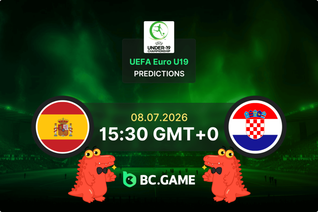 Graphic banner for the UEFA European Under-19 Championship semi-final match between Spain U19 and Croatia U19, taking place on July 8, 2026.